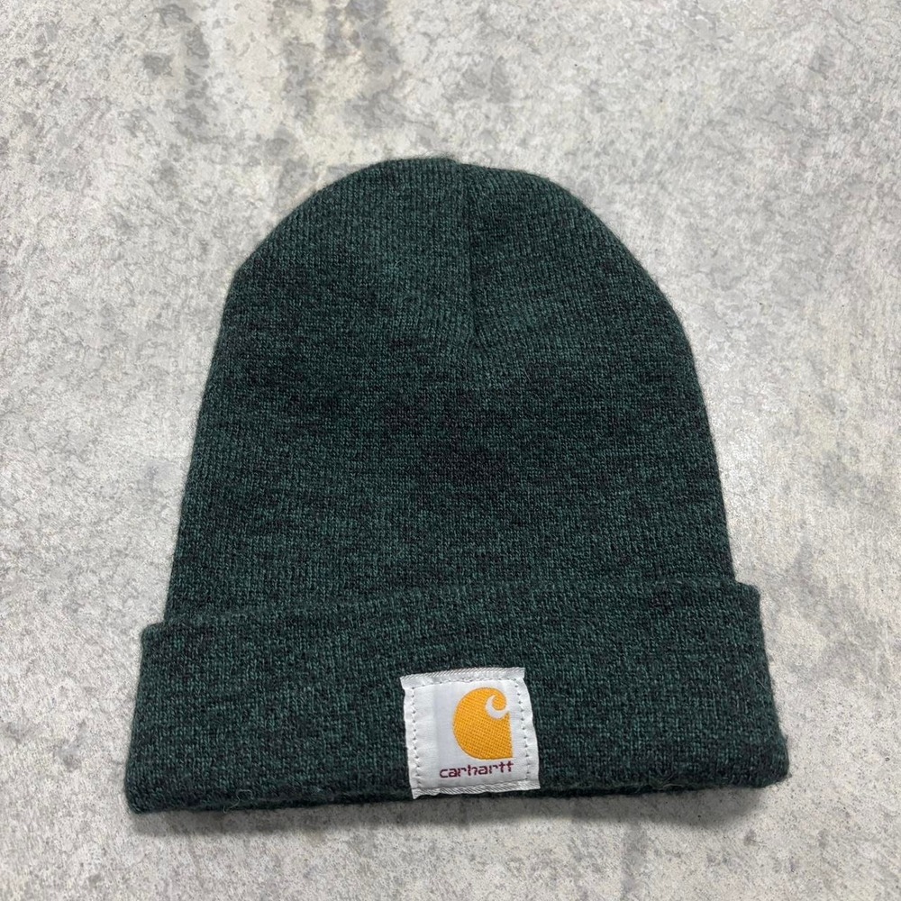 Carhartt green stocking cap in a classic knit design